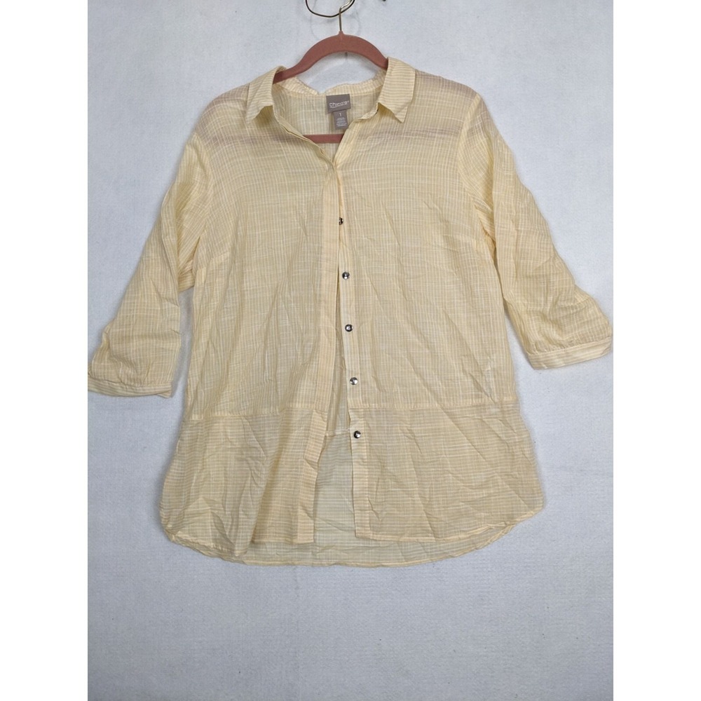 Chicos Womens Yellow Plaid Button-Up Shirt 100% Cotton Size 1 Medium M